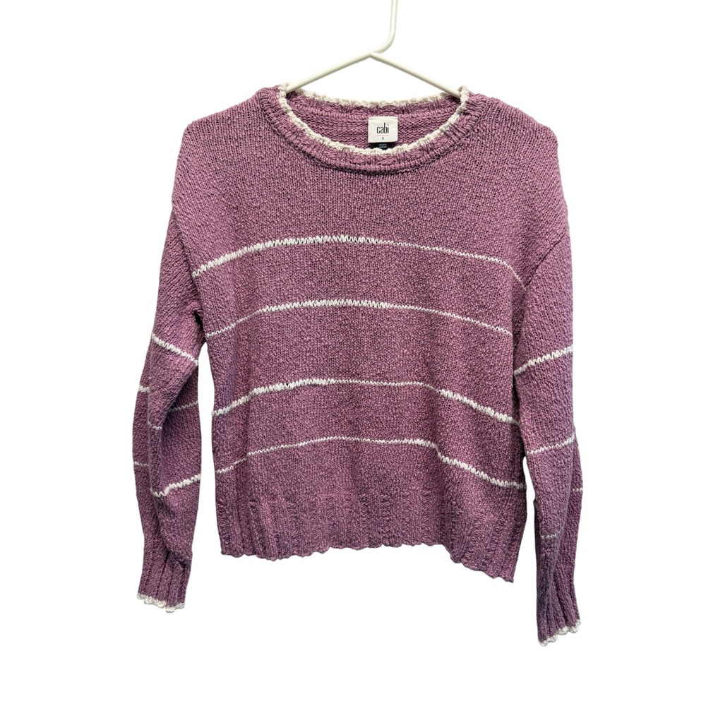 Cabi Womens Mauve Pink Striped Chunky Knit Crew Neck Pullover Sweater Size S
